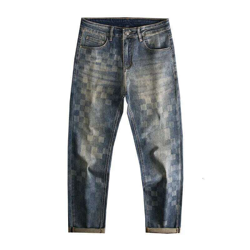 Light trendy jeans men's mosaic checkerboard print loose straight tube American fashion design sense long pants
