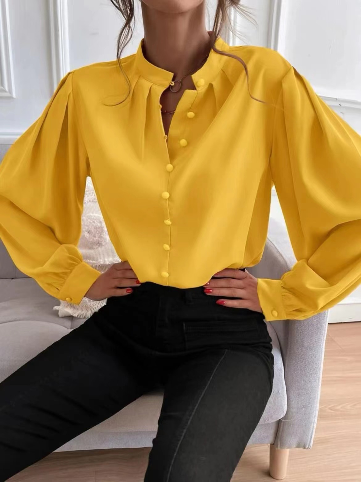2025 spring and autumn European and American new elegant solid color lapel long-sleeved single-row button loose women's blouse shirt women