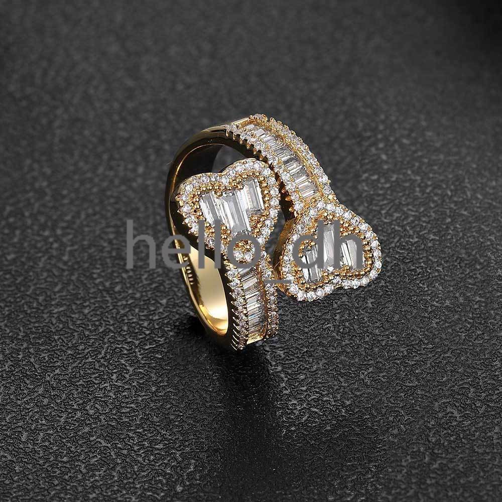 High Quality Iced Out Baguette moissanite Heart Shape Diamond Ring Double Heart Open Finger Ring