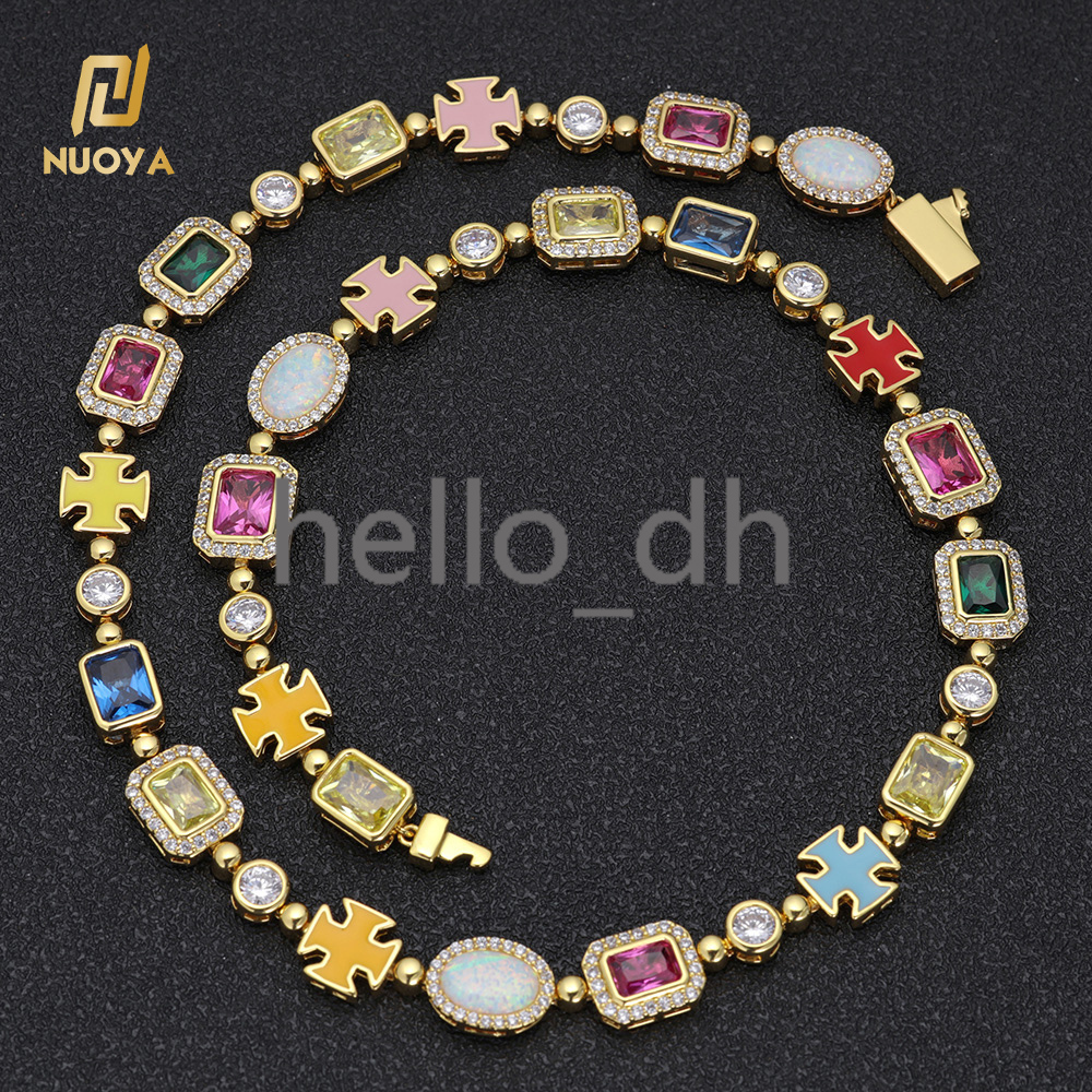 10mm Custom Rainbow Geometric Bling moissanite Stone Chain Necklace Multicolor Cross Round Oval Synthetic Gemstone Choker for Women Men