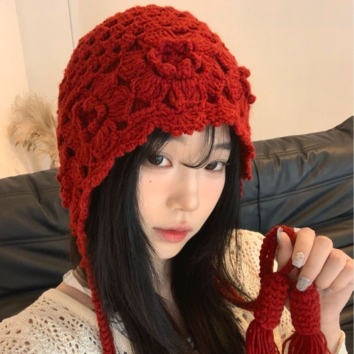 Ethnic Style Handmade Crochet Hat for Women Autumn and Winter Floral Hollow Knitted Hat Travel Photo Pullover Yarn Hat