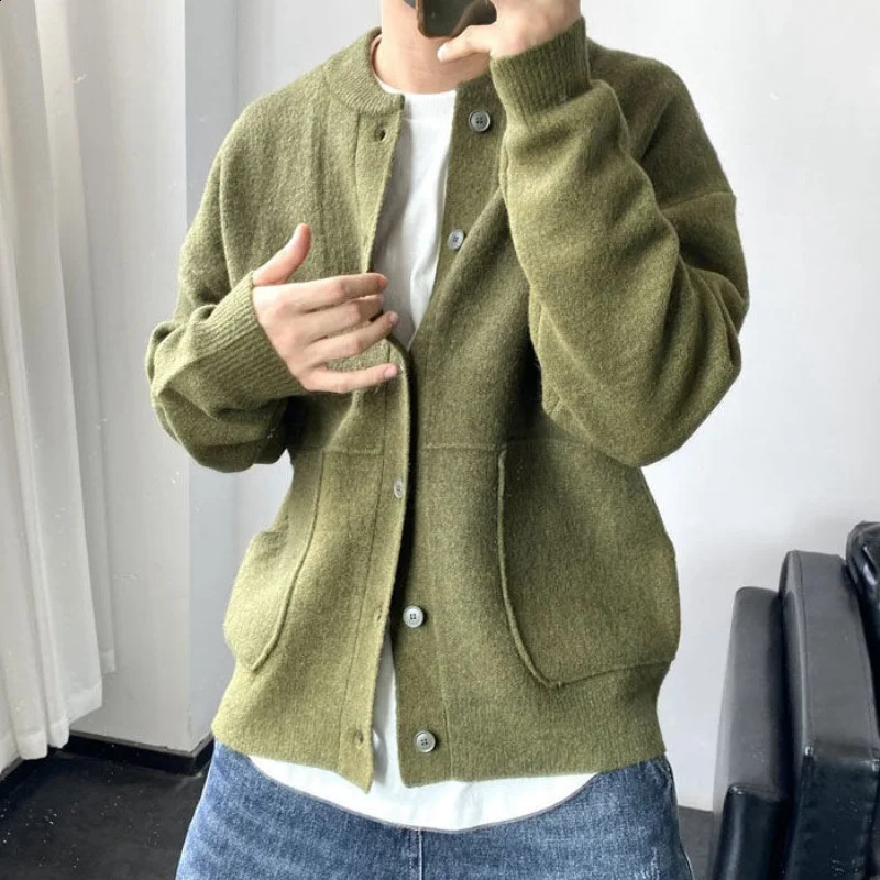 Spring And Autumn Fashion Korean Light Versatile Solid Color Loose Thickened Round Neck Long Sleeve Cardigan Sweater 250813