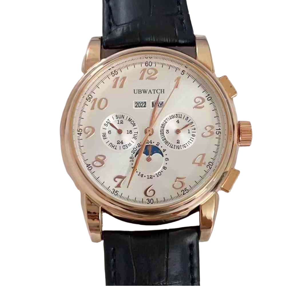 44MM Automatic Mechanical Mens Watches P1 Glass Back Hardlex Wristwatches Elegant Practical Large Arabic Marker Moon Phase Watch