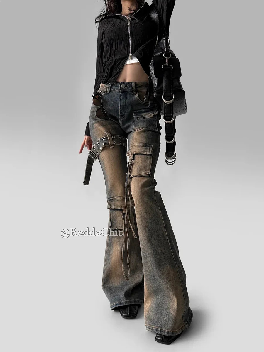 REDDACHiC Women Low Waist Flare Cargo Jeans Vintage Washed Belted Fitted Bootcut Pants Bell Bottoms Do Old Y2k Korean Streetwear 250911