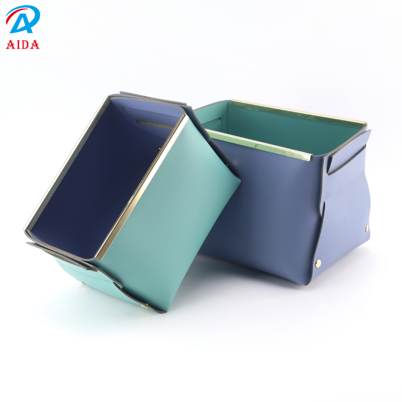 Large Volume Pu Leather Folding Organizer Baskets With Elegant Gold Border For Cosmetics And Clutter 210*150*160mm