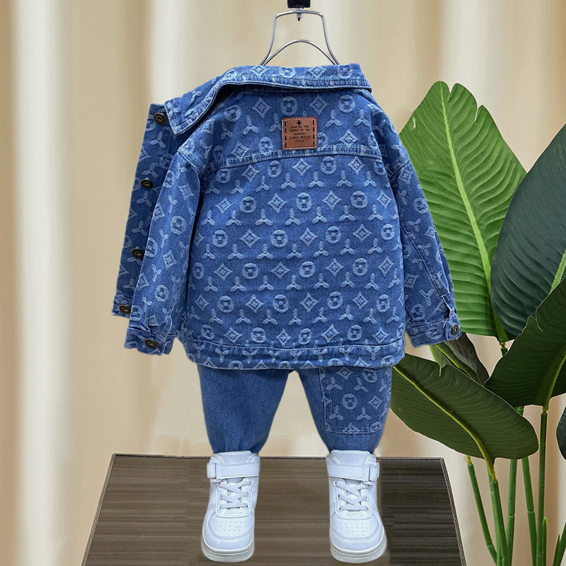 Blue kids Denim Ensemble All Over Patterned Jacket Matching Pants Crisp White Inner Shirt for Little Fashionistas Designer Clothing Sets For Children gift