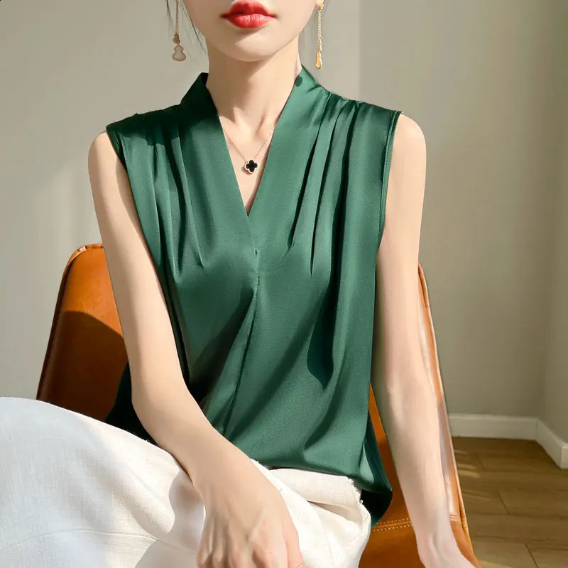 Womens Tops Blouses Solid Color White Satin Blouse Office Shirt Blusas Sleeveless Women Shirts Black White Female YTM A31250821
