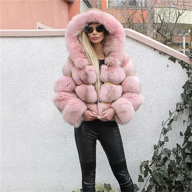 Autumn Winter Thick Warm Women Faux Fur Pink Hoodie Collar Long Sleeve Coats Casual High Quality Fluffy Black Jackets Outwear250821