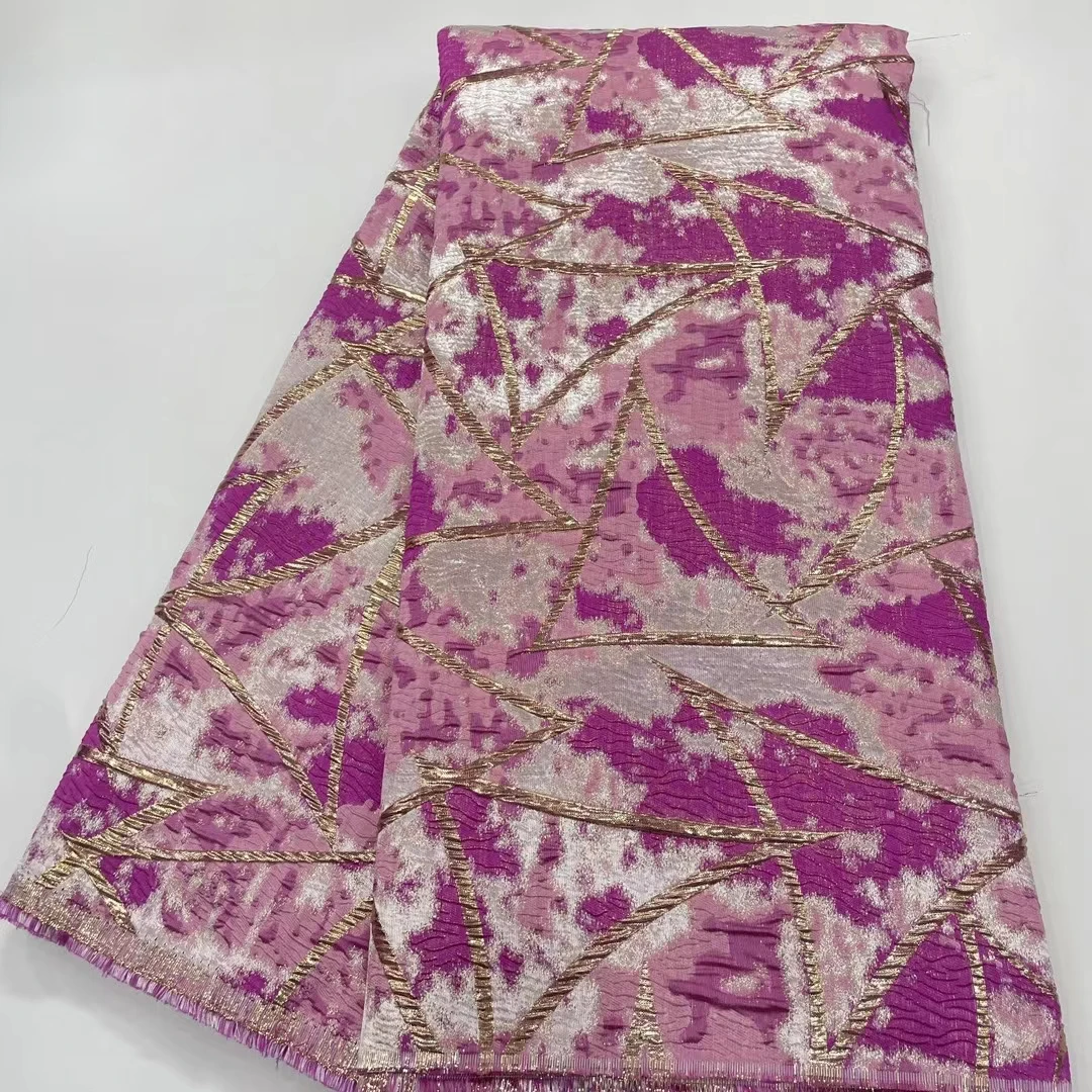 Blue and Pink Jacquard Brocade Fabric with Triangular Pattern Tulle Mesh Fabric DIY Ladies Evening Dress Sewing Material 5 Yard