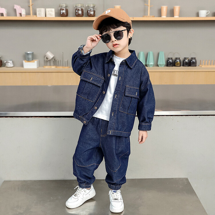 2025 New Boys' Denim Set Cool Solid Color Denim Jacket Kids Fashion Outfit for Toddlers and Young Children blue