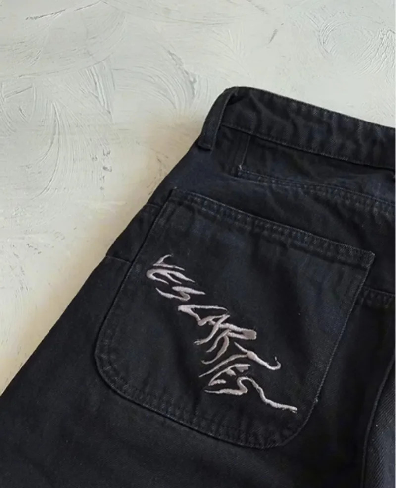 Black embroidered skull jeans y2k hiphop goth fashion trend high waist straightleg casual 2025 250821