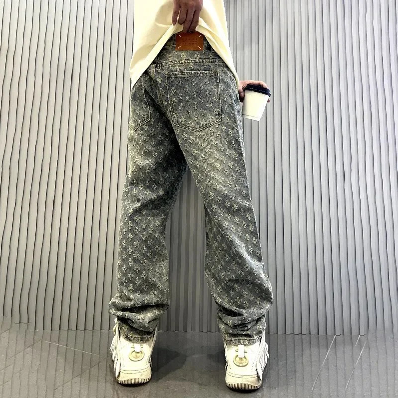 Jacquard Pattern Denim Pants Male Straight Fitting Baggy Bottoms Distressed Wide Jeans For Men 250821