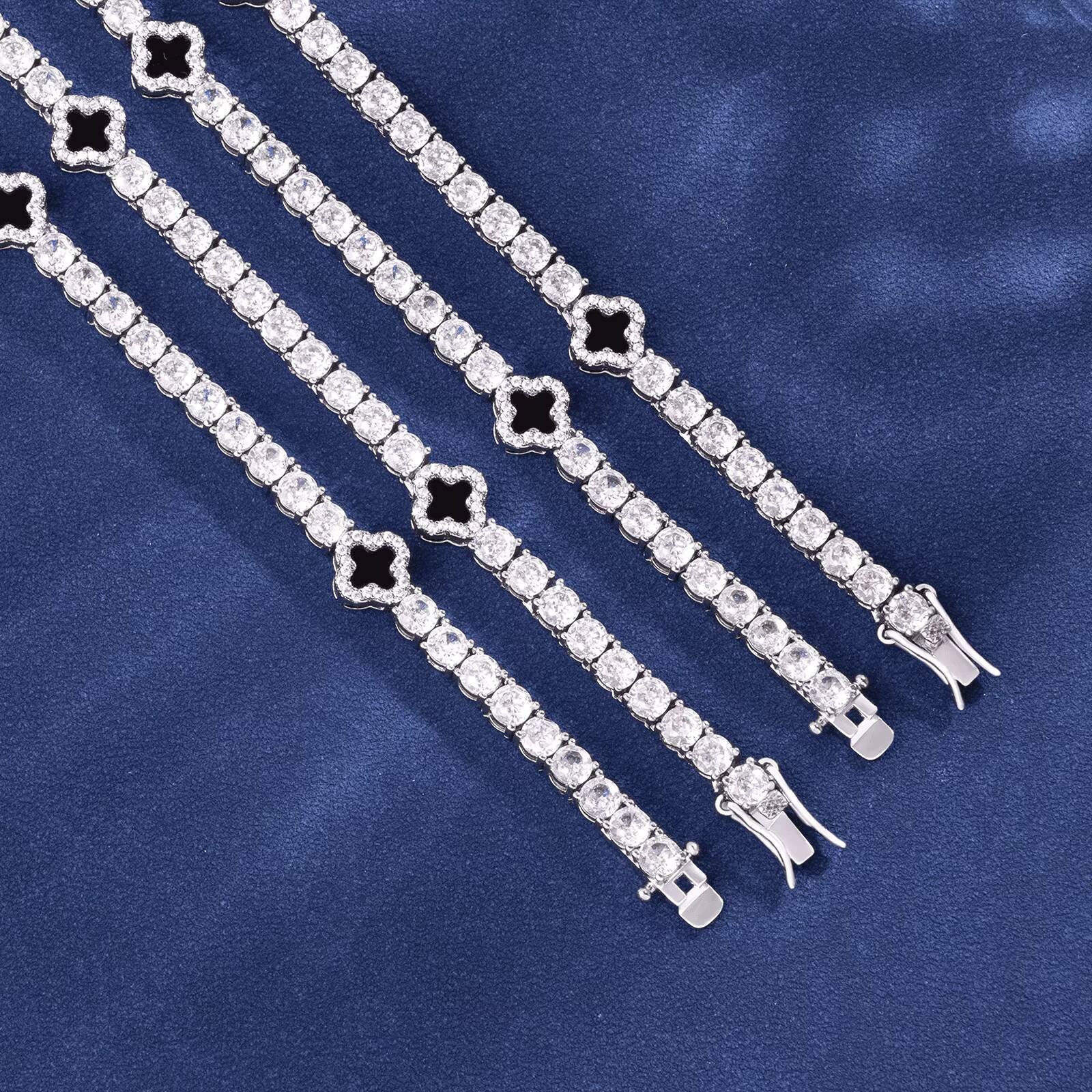 New lucky 925 silver four-leaf clover hip-hop jewelry; tennis chain bracelet; moissanite and diamond four-leaf clover necklace