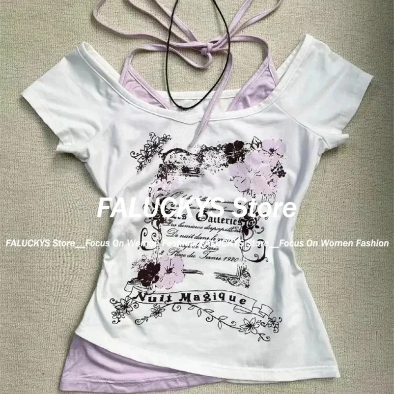 Y2K Retro Street Print T-shirt Fashion Streetwear Halter Neck Fake Two Piece Harajuku Summer Casual T-Shirt Women Clothes 250822