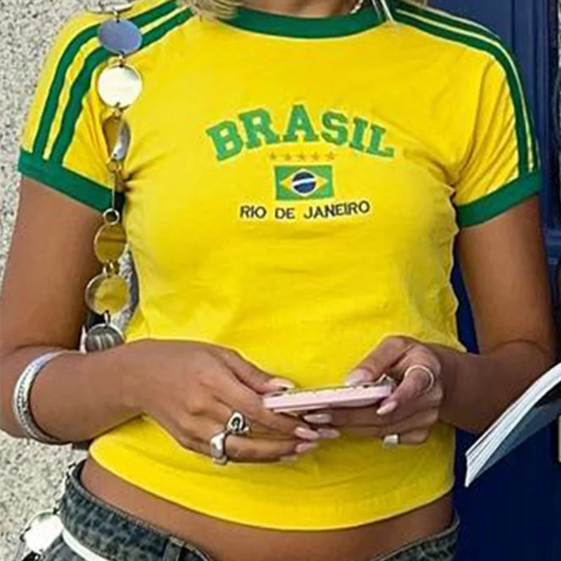 Womens Aesthetic BRASIL Letter Print TShirt and Shorts Suit Vintage Grunge Short Sleeve Baby Tees Summer Crop Top Y2k Clothe 250821