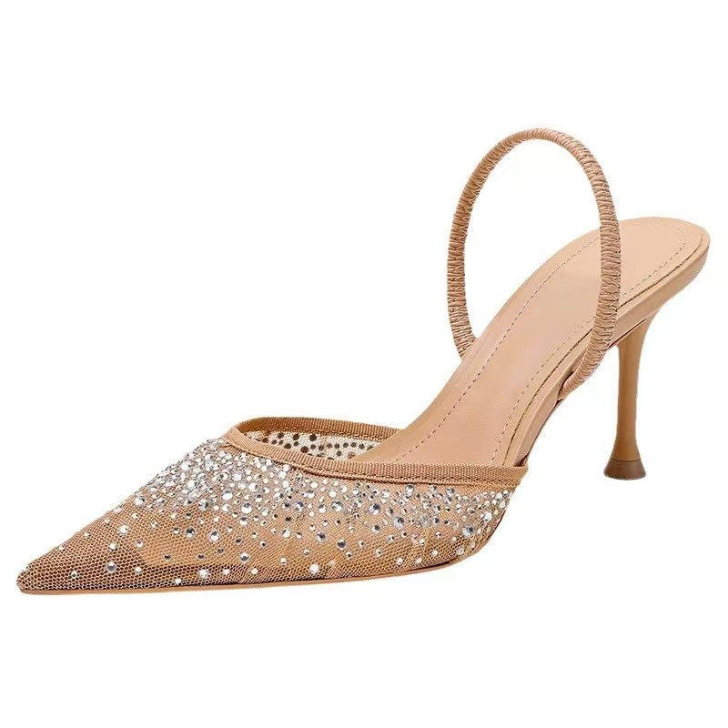 Nude Summer Wens New Sandals Rhinestone Bright Mesh High H Footwear Elegant Slingback Pointed Slip Hot On Party Lady Pumps Shoes Z250121