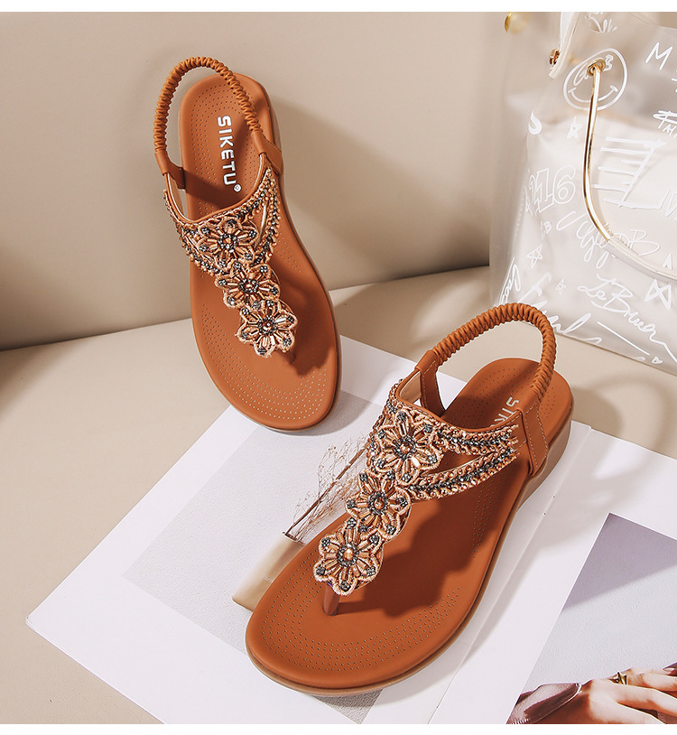 new Women Sandals Sliders floral Beads Summer Comfortable Vintage Bohemia Beach Girl Sandal trip Casual slippers eur 36-41