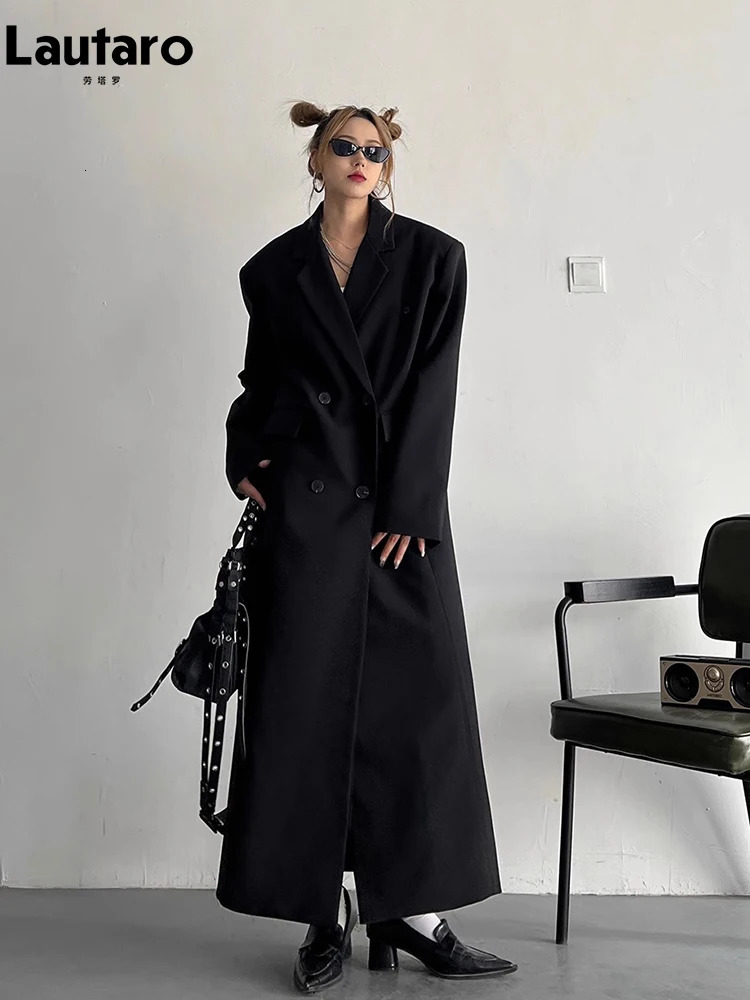 Lautaro Spring Autumn Long Grey Black Trench Coat for Women Double Breasted Loose Casual Korean Fashion Clothing Blazer 250822