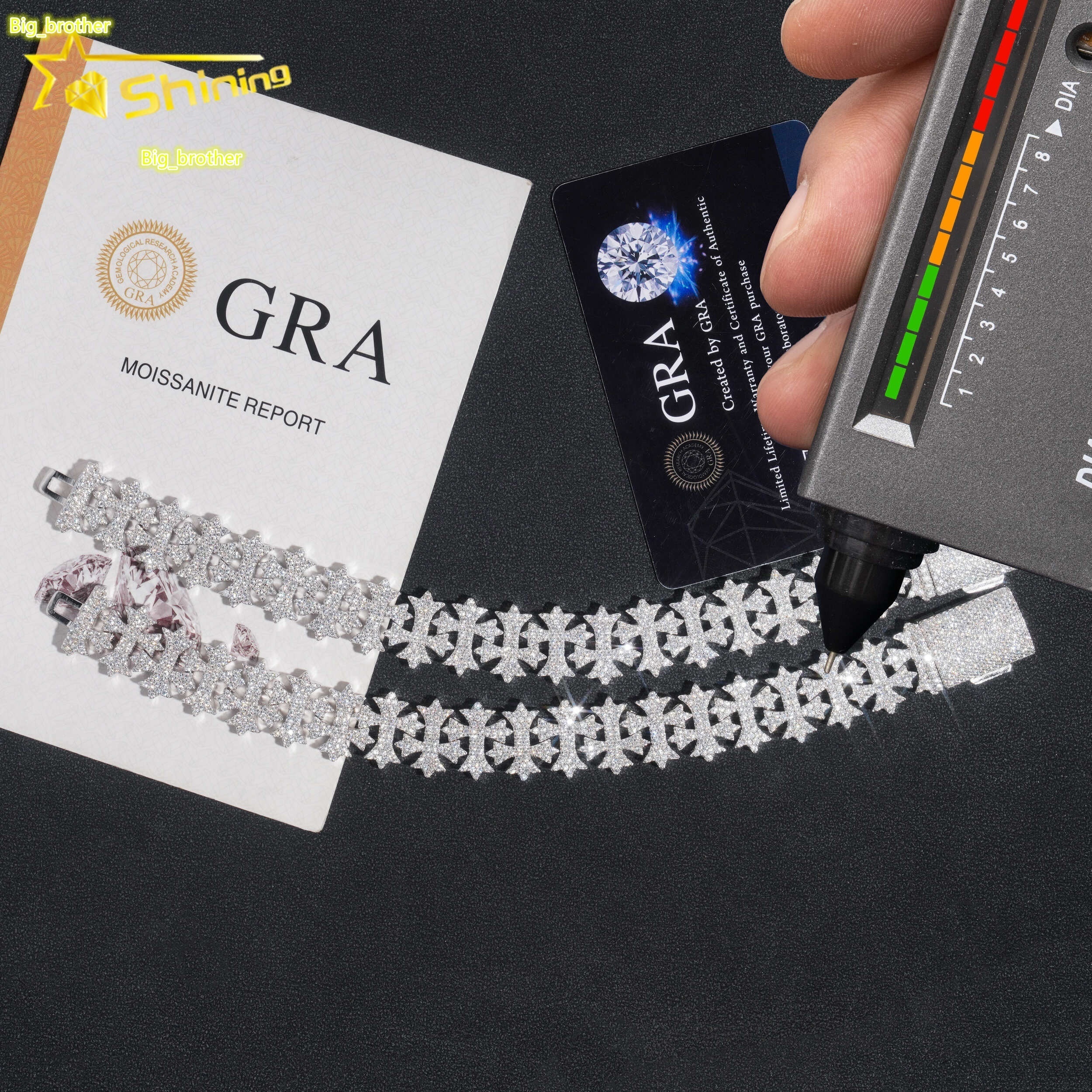 Pass Diamond Tester New Design 925 Sterling Silver 16MM Cross VVS Moissanite Cuban Link Chain Bracelet