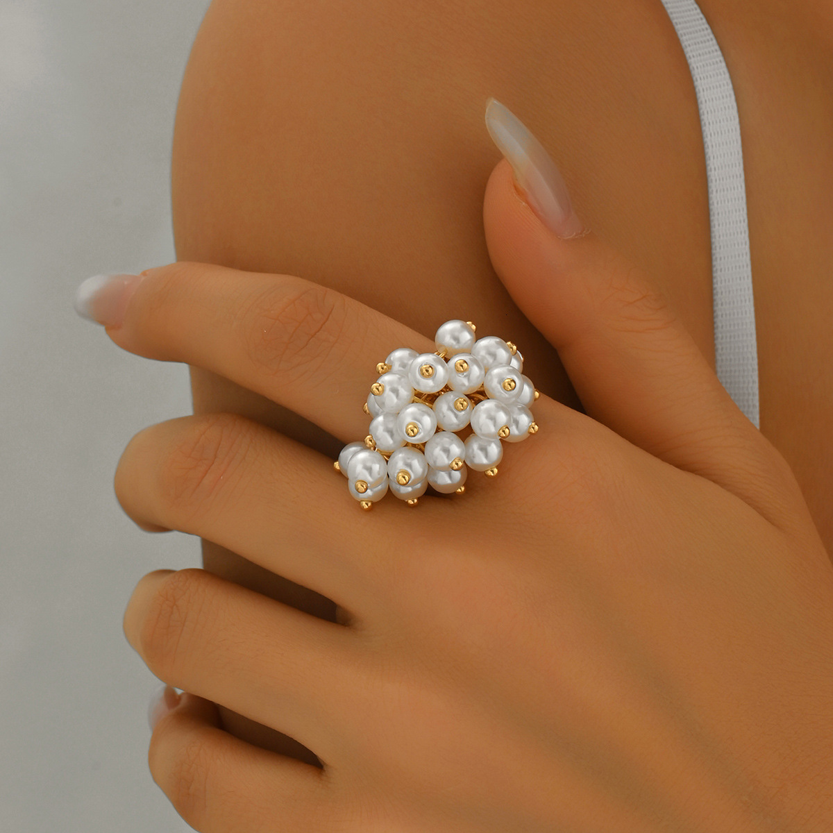 Fashion Exaggerated Faux Pearl Set Light Luxury Sweet Design Sense Open Flower Ring ddmymoon