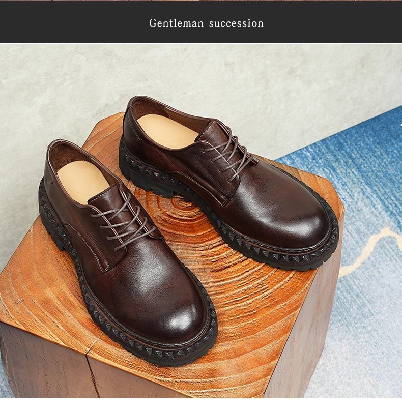 Goodyear leather shoes for men, new horse leather British, retro business thick sole heightened, big head derby shoes