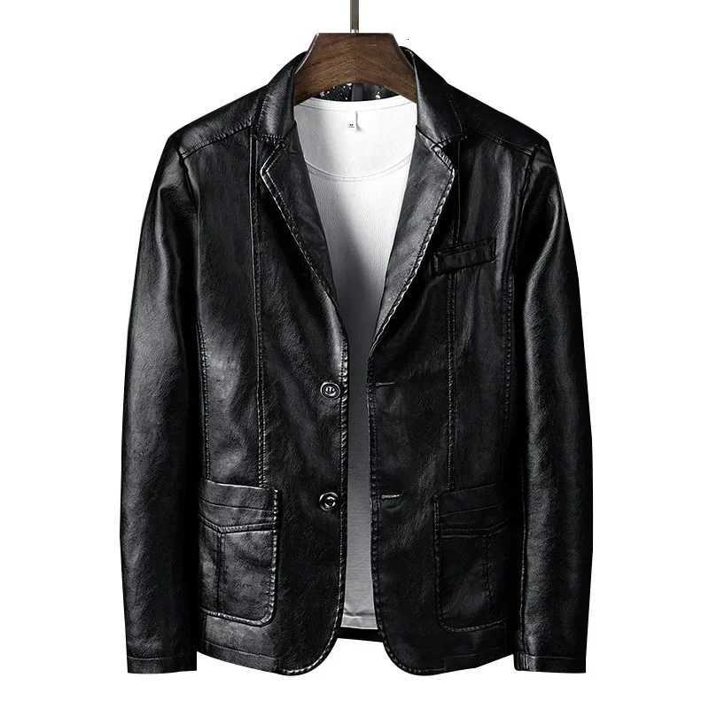 PU Leather Jackets Men Slim Fit Full Sleeve Coats Single Breasted Spliced Turn Down Collar Jacket Punk Mens Casual Autumn X250822