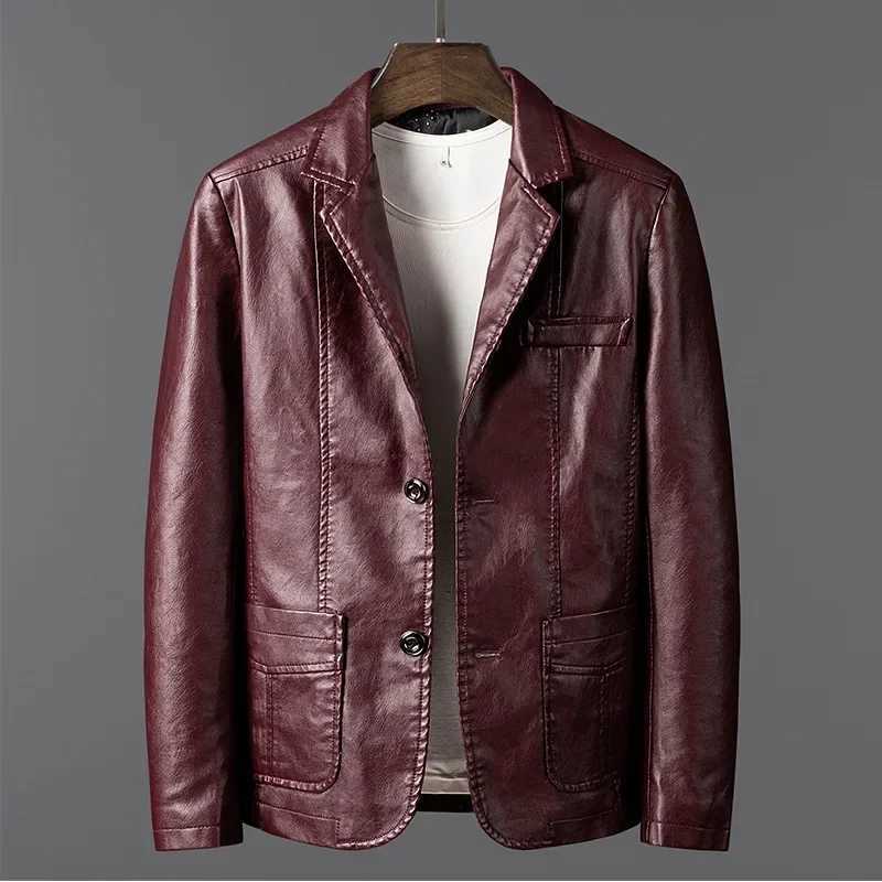 PU Leather Jackets Men Slim Fit Full Sleeve Coats Single Breasted Spliced Turn Down Collar Jacket Punk Mens Casual Autumn X250822