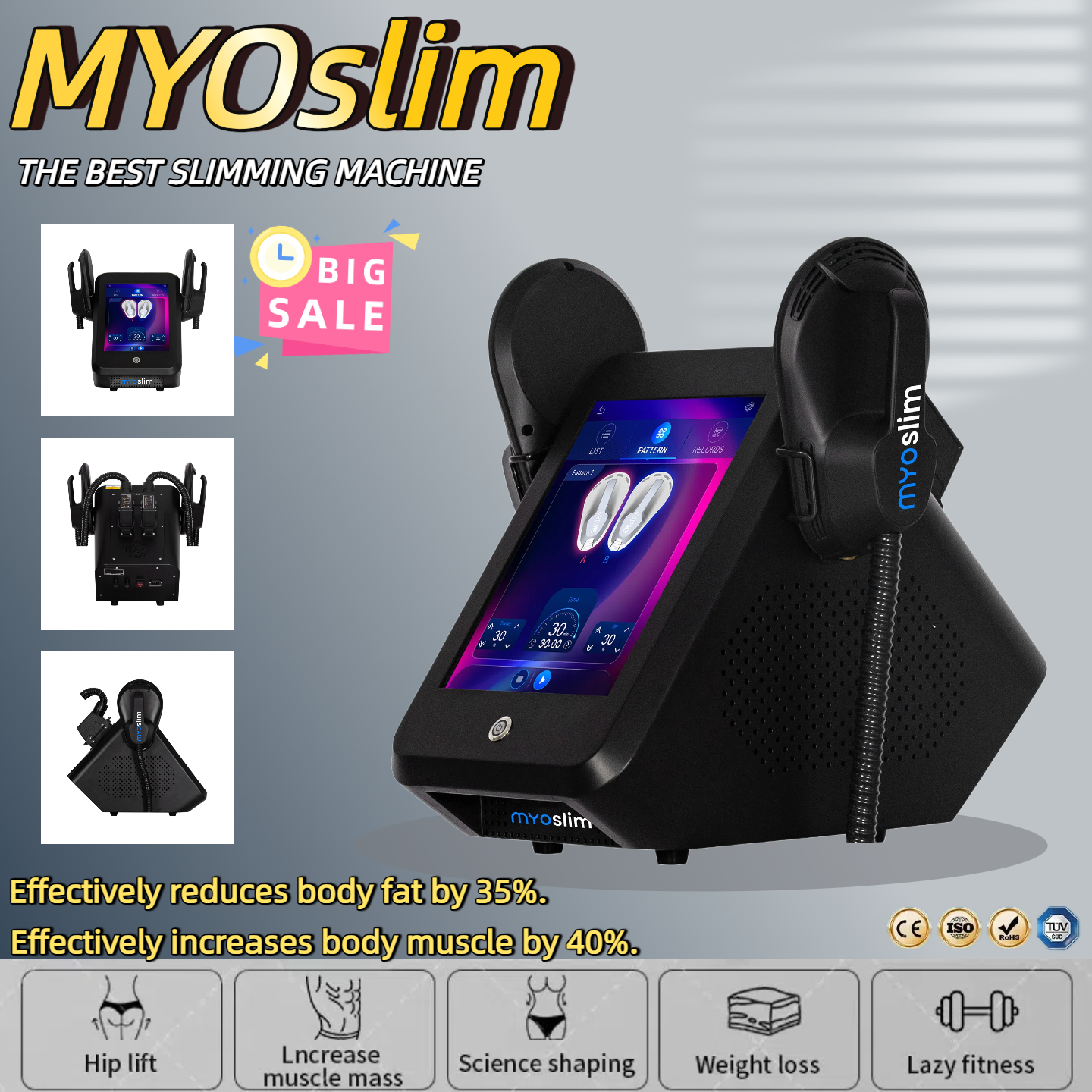 New MyoSlim Neo Slimming Fat Loss Electro Magnetic Stimulation Body Sculpting and Muscle Building Machine 200Hz 6500W 2 Handles RF Salon Machine CE/RO