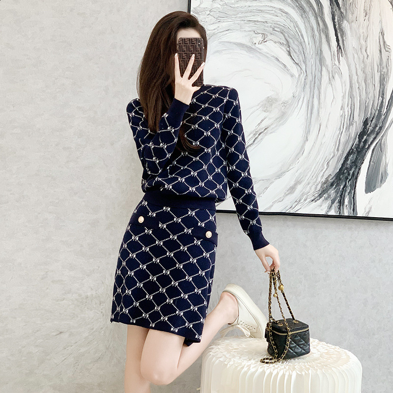 Lanjia- Style Fashion Casual Suit For Women 2025 Autumn Winter Jacquard Sweater Knitted Two-Piece Set Skirt Trendy E8163