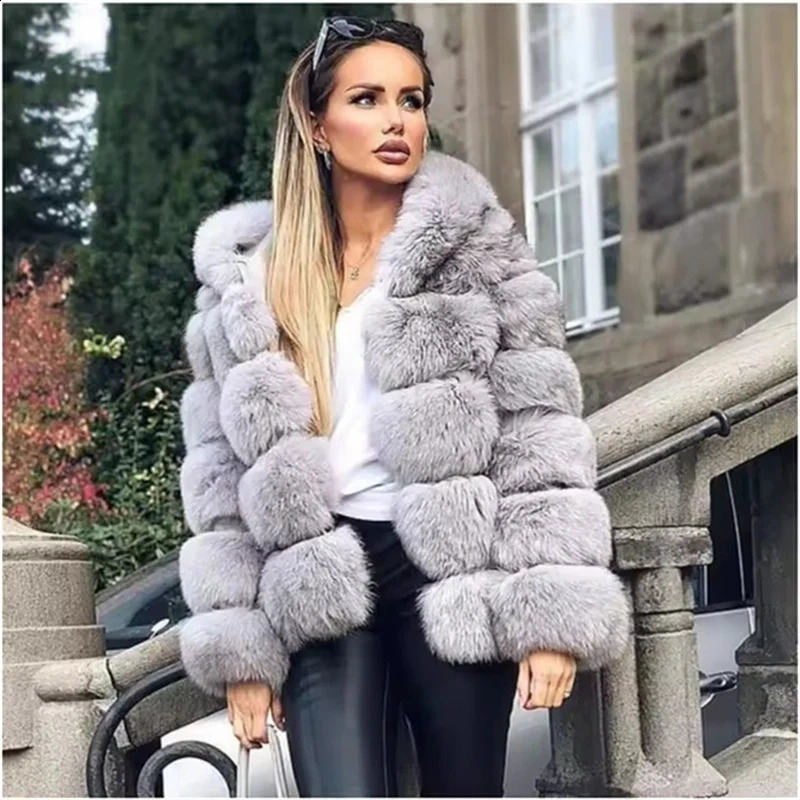 Autumn Winter Thick Warm Women Faux Fur Pink Hoodie Collar Long Sleeve Coats Casual High Quality Fluffy Black Jackets Outwear250821