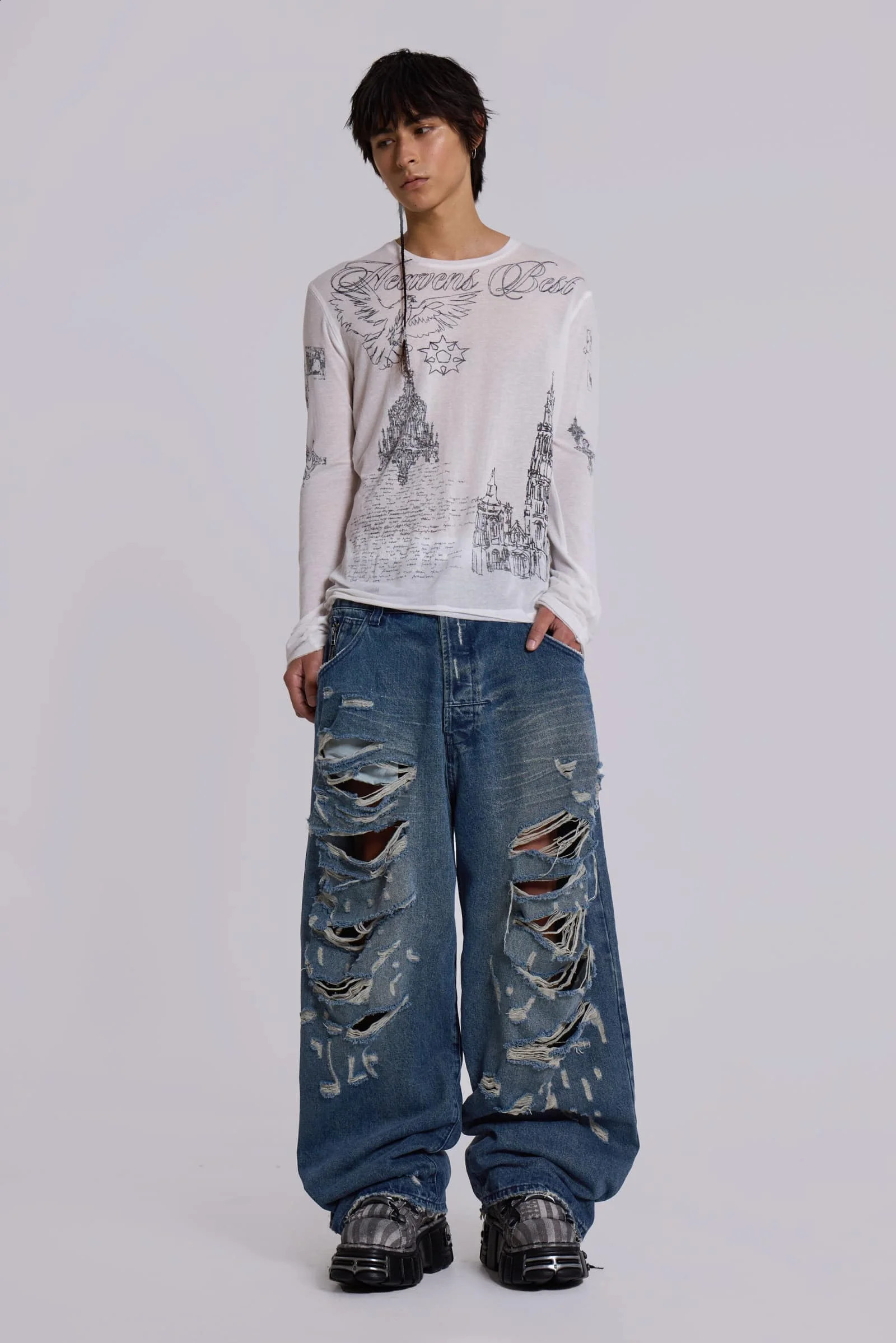 Jaded London Retro Jeans HipHop Hole n Washed Men Y2K Harajuku Gothic Couple Casual Joker Street Wide Trousers 250821