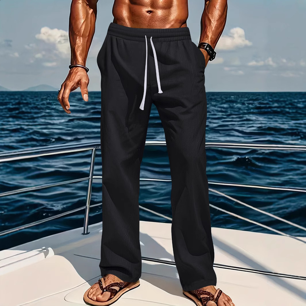 Mens Linen Long Pants Summer Thin Cotton Linen Casual Loose Wide-Leg Sports Pants