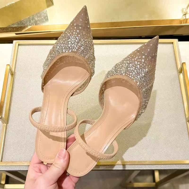 Nude Summer Wens New Sandals Rhinestone Bright Mesh High H Footwear Elegant Slingback Pointed Slip Hot On Party Lady Pumps Shoes Z250121