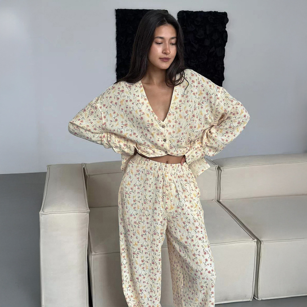 Cotton printed long pants sleepwear set for Europe and America 2025 autumn new cardigan sleepwear, foreign trade home clothes for women