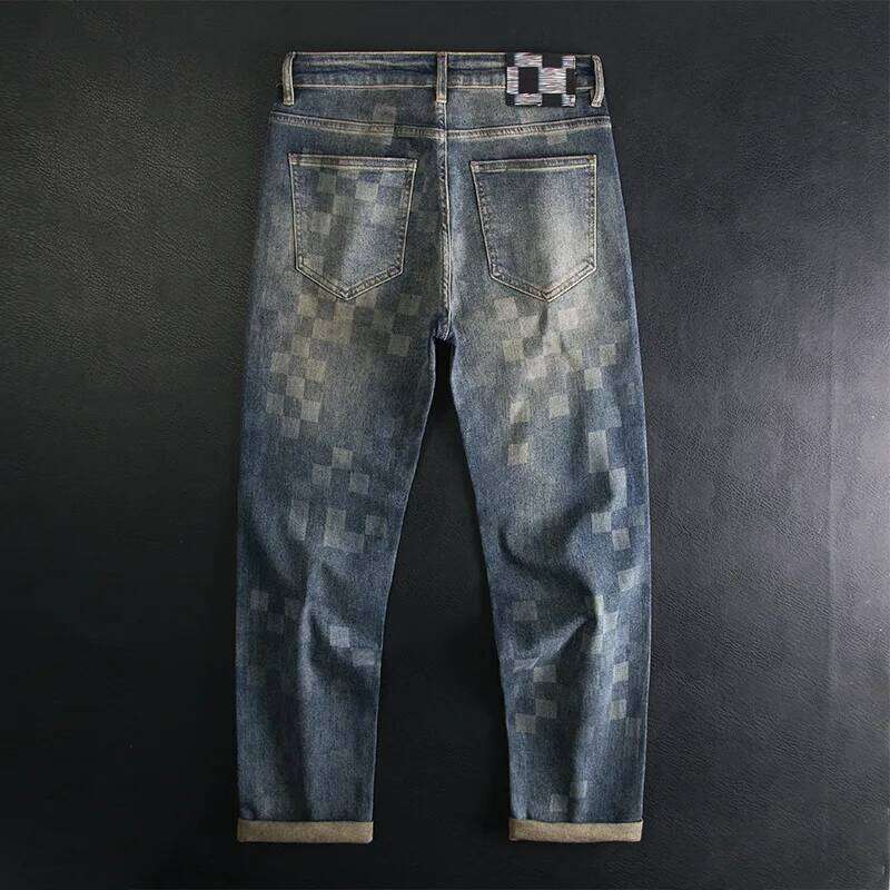 Light trendy jeans men's mosaic checkerboard print loose straight tube American fashion design sense long pants