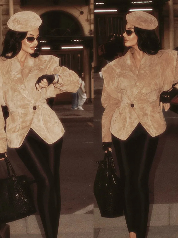 Vintage Oversized Suede Leather Jacket Womens Fashion Shoulder Pad Full Sleeve One Button Coat Lady Chic Bomber Streetwear 250822