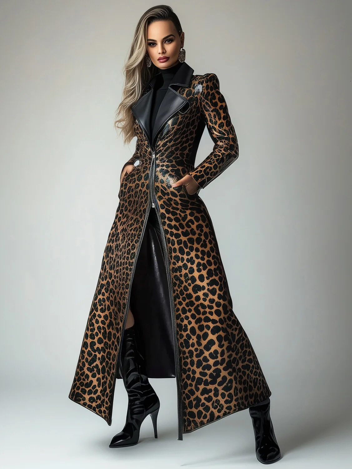 PU Leather Leopard Pattern Zipper Pocket Trench Coat 250822
