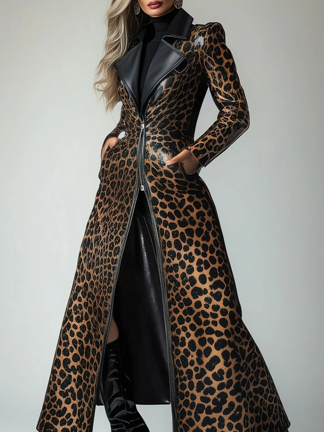 PU Leather Leopard Pattern Zipper Pocket Trench Coat 250822
