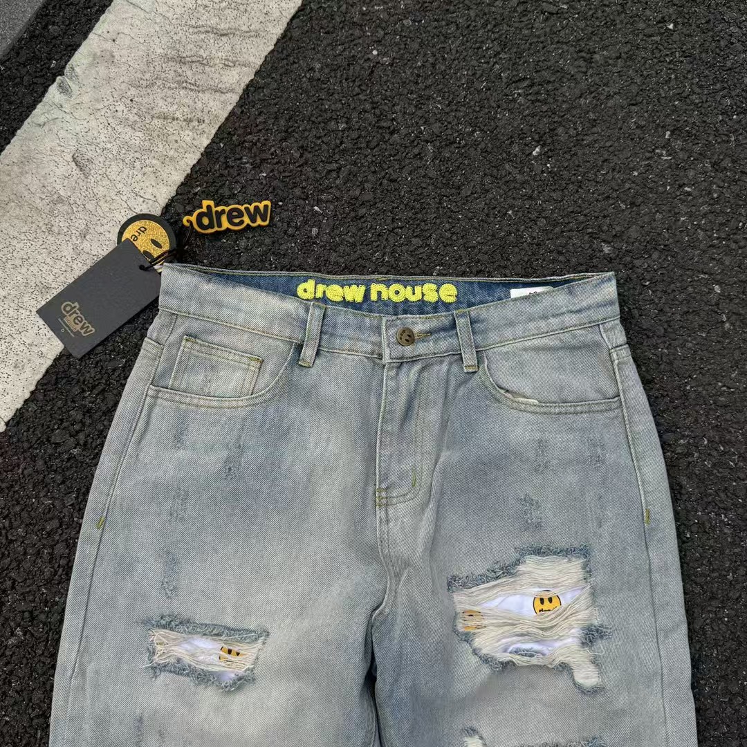 Drew House Men Jeans Streetwear Light Blue Denim Pants