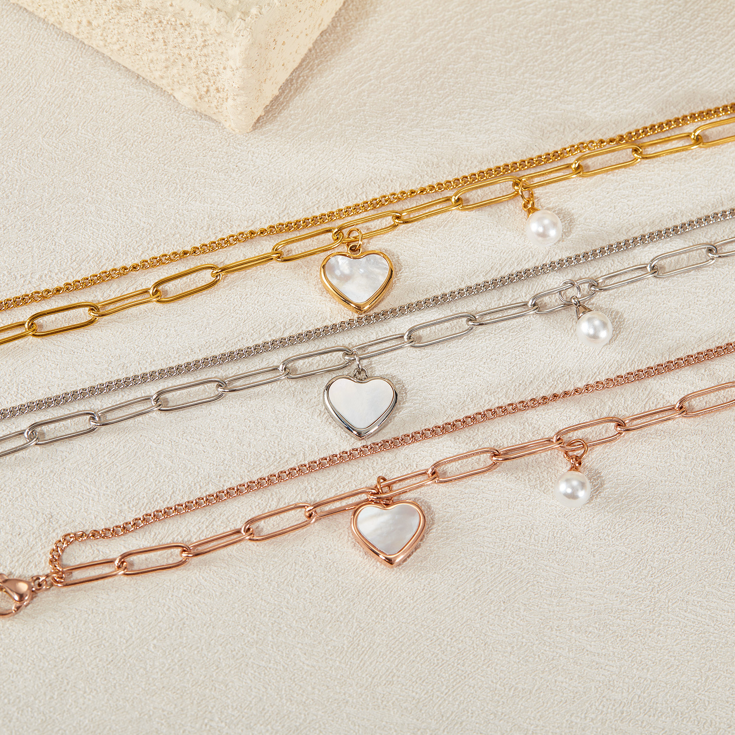 Korean and Japanese Style Accessories Light Personality Double Layer Titanium Steel Pearl for Women Fashion Bracelet Heart Jewelry - view 5