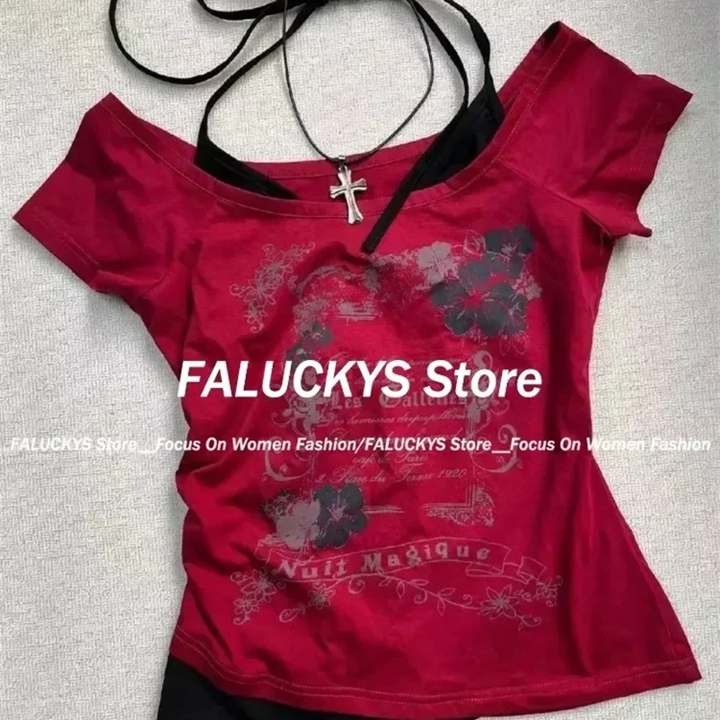 Y2K Retro Street Print T-shirt Fashion Streetwear Halter Neck Fake Two Piece Harajuku Summer Casual T-Shirt Women Clothes 250822
