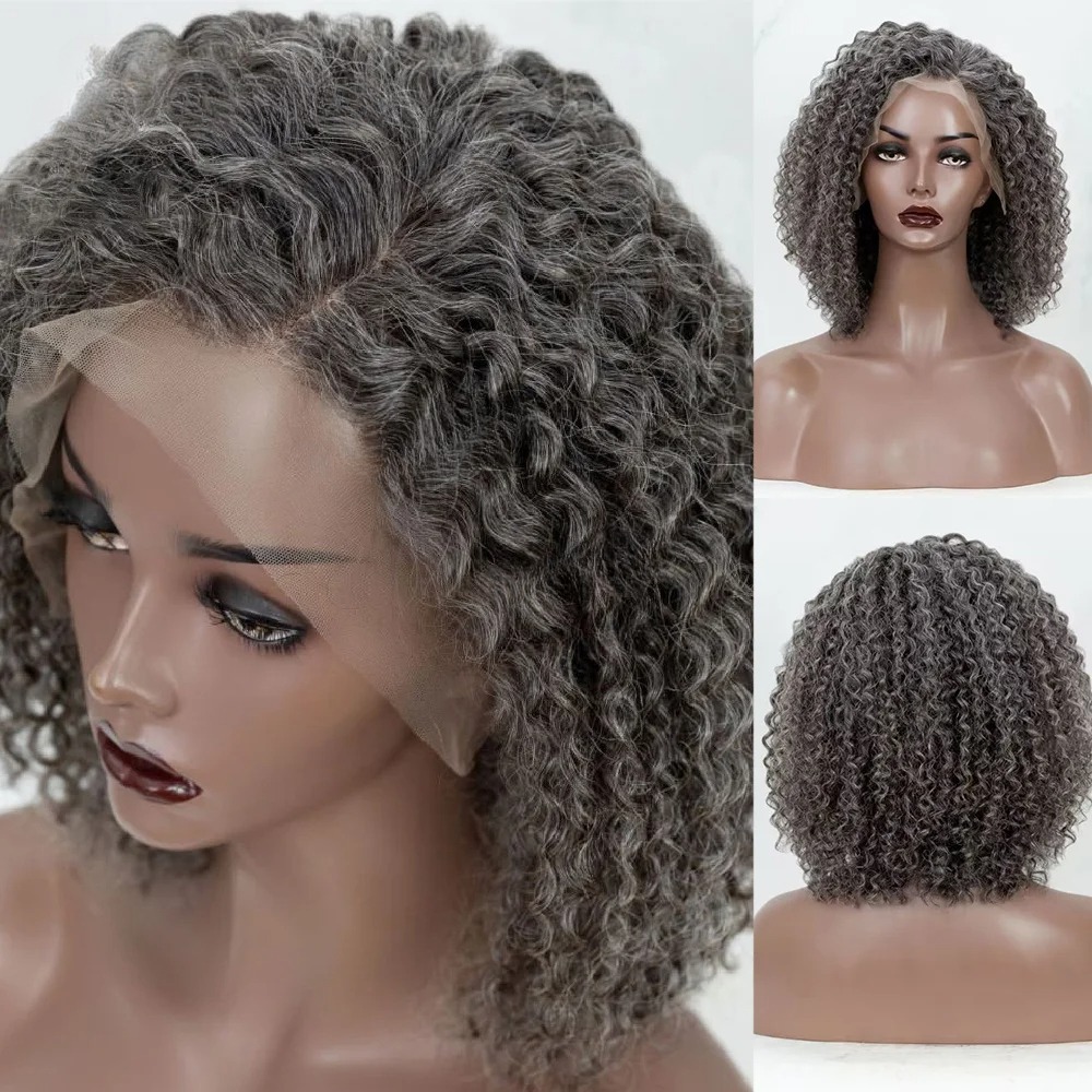 Brazilian Human Hair Mixed Sliver Grey Wigs For Black Women Afro Kinky Curly Lace Front Wig Short Bob Lace Frontal Wig 13x4 HD Glueless Wear And Go Synthetic