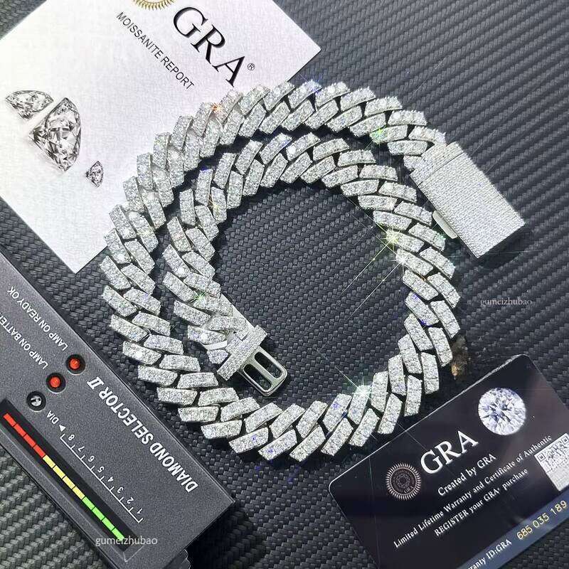 2025 Hip Hop Jewelry Pearl Light 20mm Sterling Sier 1 Row VVS Cubic Zirconia Iced Miami Cuban Chain Necklace