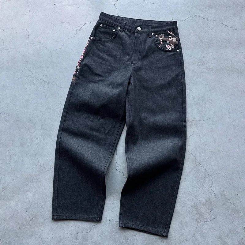 Y2K jeans Harajuku Gothic vintage plum blossom embroidery pattern wide leg pants Streetwear Casual Hiphop American 250822