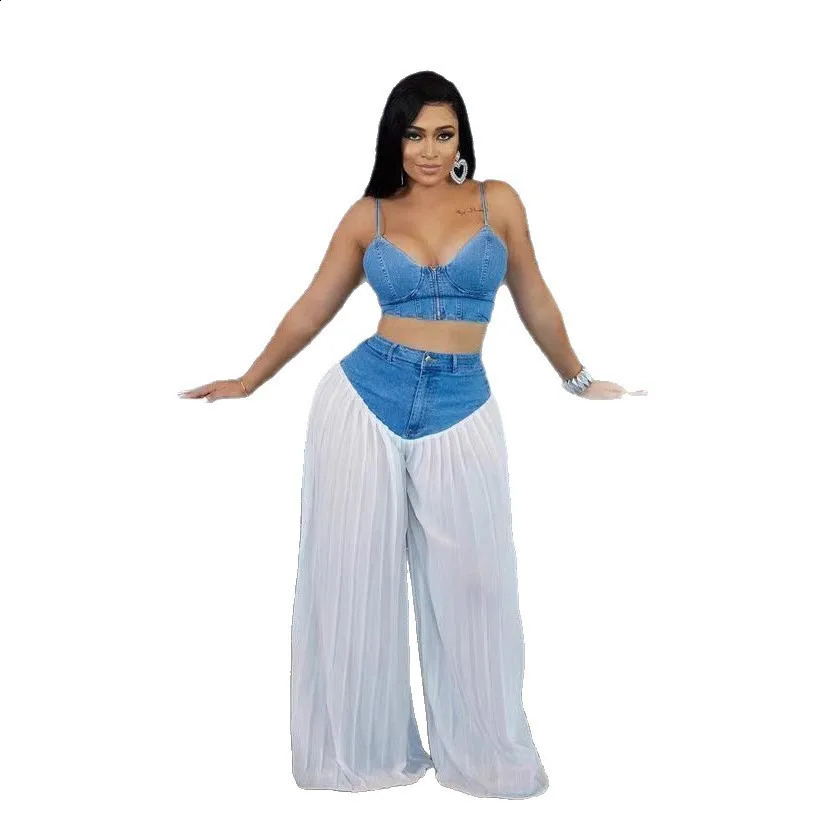 2 Piece Sets Women Sexy Denim Camisole Wide Leg Pants Patchwork Folds Slip Vest Floor Length Suit 2025 Summer Casual Outfits 250822