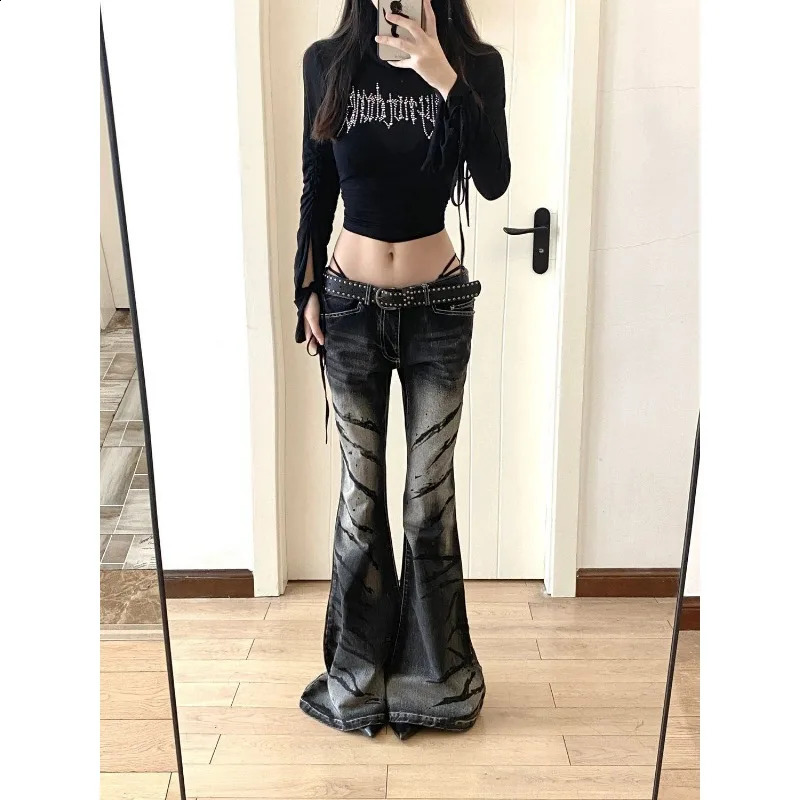 American Y2K Highquality Washed Stripes Flared Jeans for Women Trendy Spicy Girl Slim Fit Drop Feeling Long Floor Mop Pants 250911
