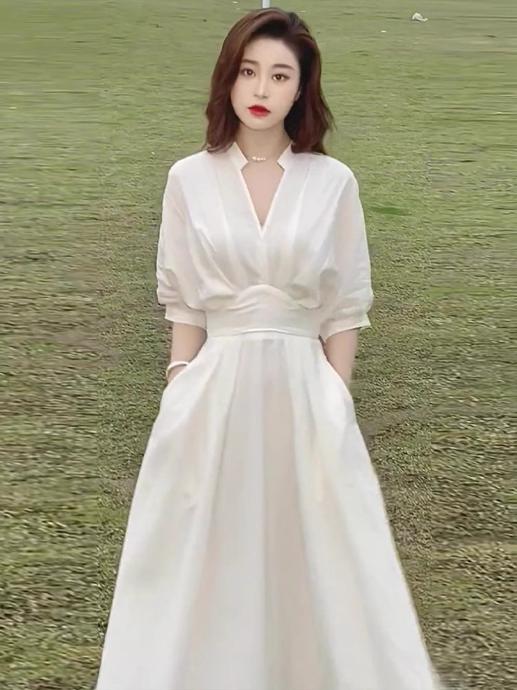 White dress 2025 new V-neck women's summer temperament simple style pure white five quarter sleeve dress breathable high-end retro dress free shi