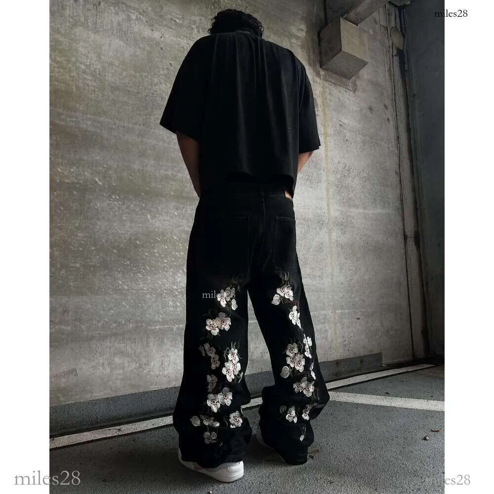 Sakura Embroidered Y2k Clothes Mens Womens Haruku Hip Hop Guy Pocket Retro Baggy Jeans Pants Low Rise Wide Leg Trousers