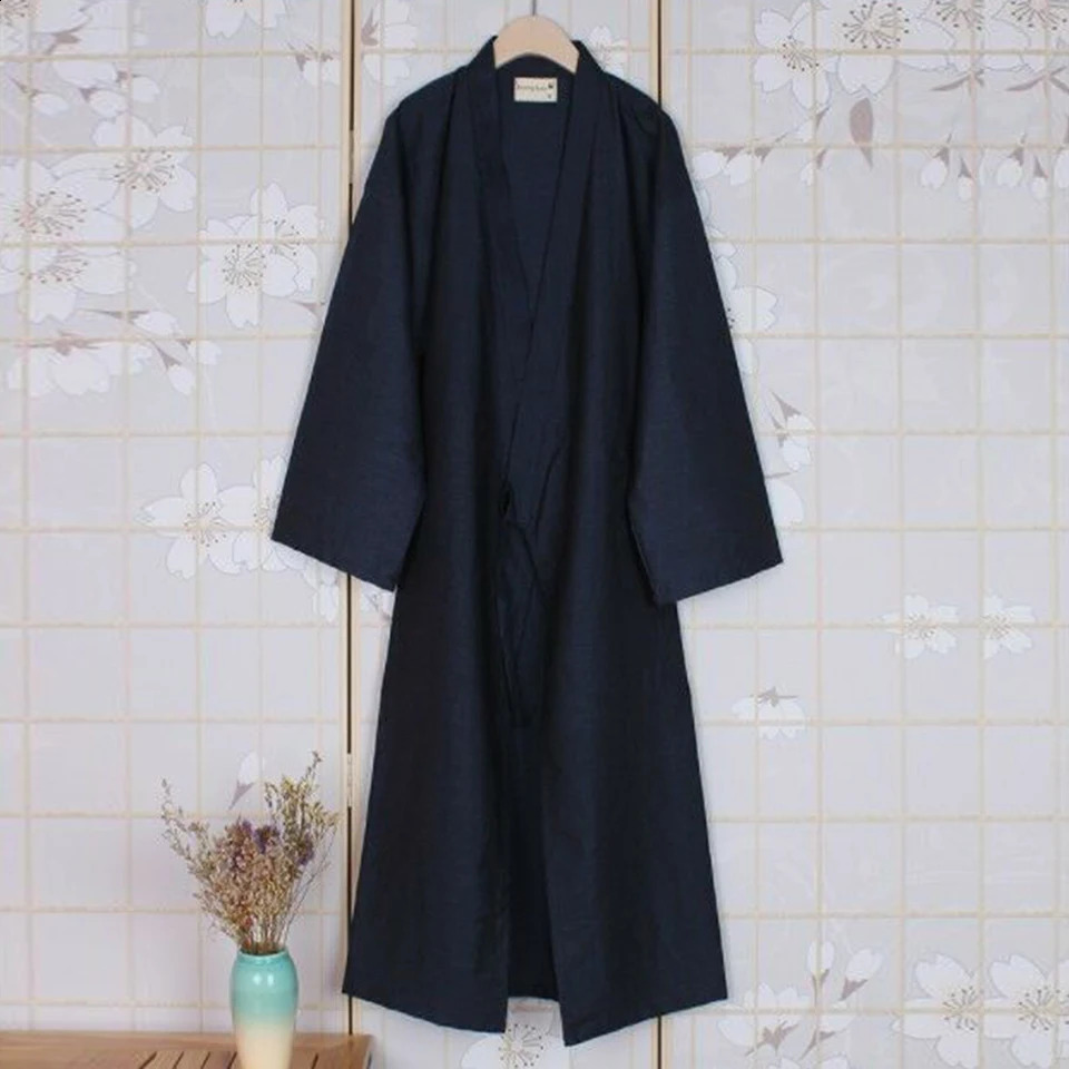 Fashion Japanese Style Kimono Robe Solid Color Lace Up Long Bathrobe Pajamas Belt Cotton Home Pijama Robes Clothing For Men 250822