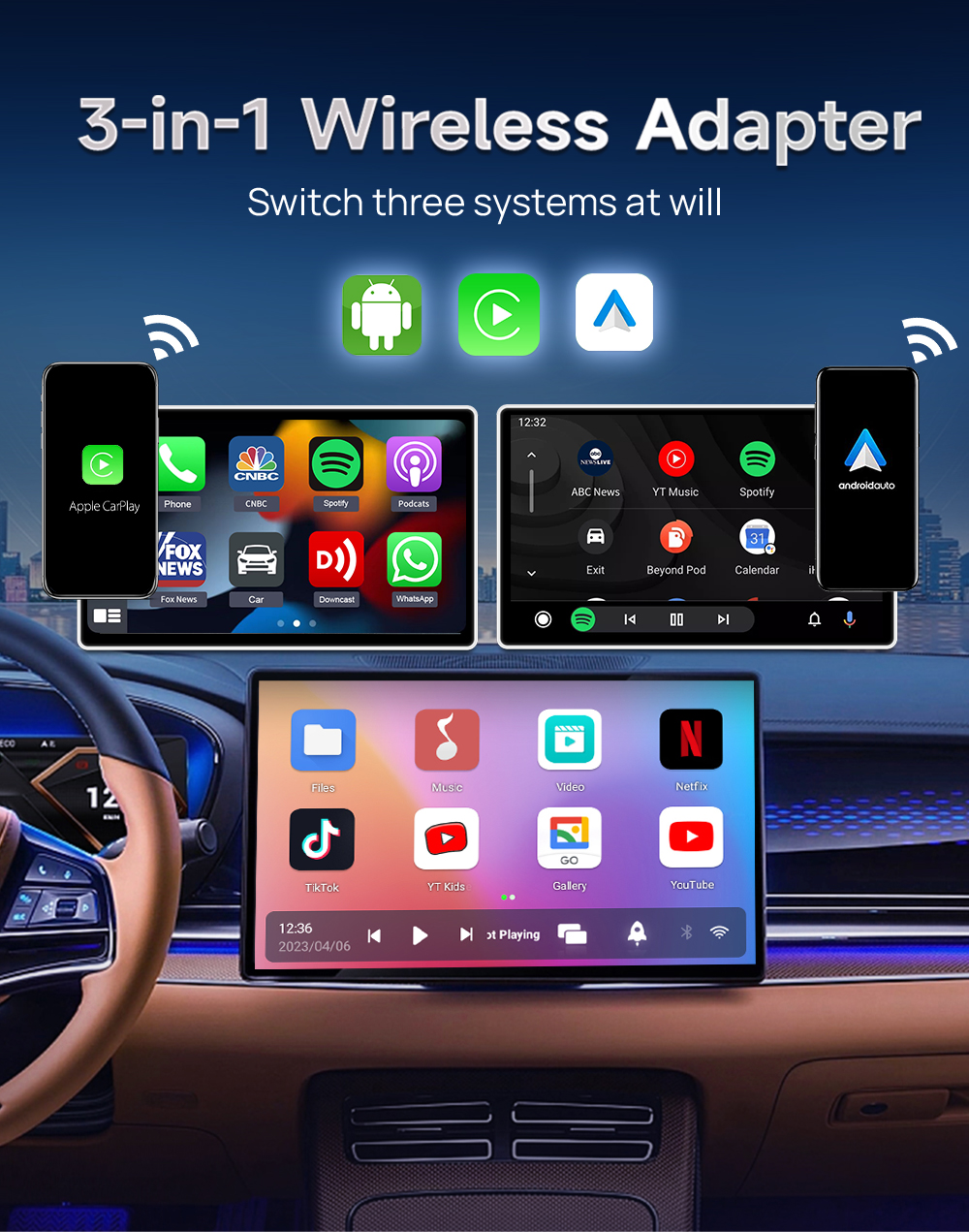 Kowankit Wireless Carplay Android Auto AI Box, Plug & Play Fits Cars,3in1 4 + 32 GB Android 9 RK-A53 Chip HD 5G Car Play Adapter, USB-Powered, No Dela